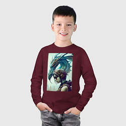 Лонгслив хлопковый детский Девчонка в шлеме и дракон - киберпанк, цвет: меланж-бордовый — фото 2