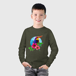 Лонгслив хлопковый детский Тропическая птица в цветах, цвет: меланж-хаки — фото 2