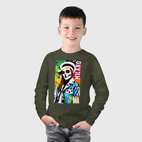 Детский лонгслив Skeleton fashionista - Milano - pop art / Меланж-хаки – фото 3