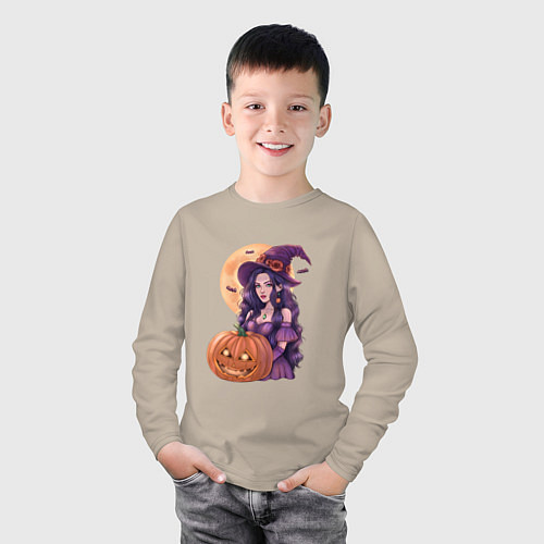 Детский лонгслив Хэллоуин - ведьма с тыквой / Миндальный – фото 3
