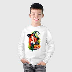 Лонгслив хлопковый детский Рыжая ведьма с тыквой и черным котом, цвет: белый — фото 2