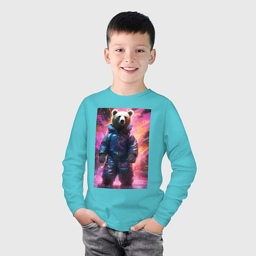 Детский лонгслив Мишка таптышка / Бирюзовый – фото 3