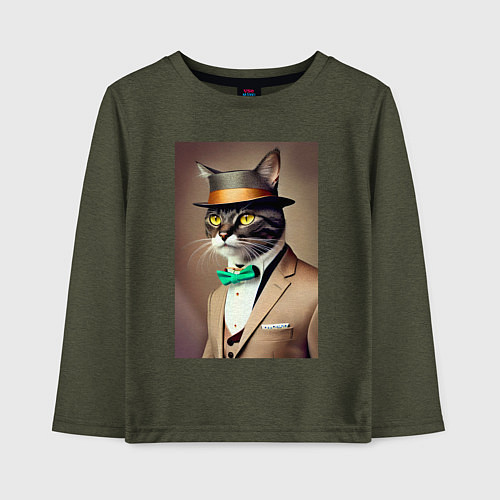 Детский лонгслив Портрет кота джентльмена в шляпе / Меланж-хаки – фото 1
