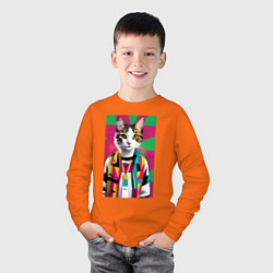 Лонгслив хлопковый детский Молодая кошечка - поп-арт - нейросеть, цвет: оранжевый — фото 2