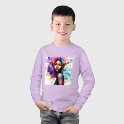 Лонгслив хлопковый детский Портрет афро девушки с акварельными брызгами, цвет: лаванда — фото 2