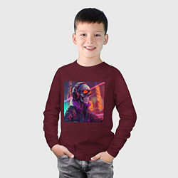 Лонгслив хлопковый детский Скелет в куртке в лучах неонового света, цвет: меланж-бордовый — фото 2
