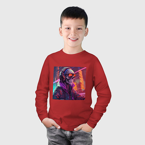 Детский лонгслив Скелет в куртке в лучах неонового света / Красный – фото 3