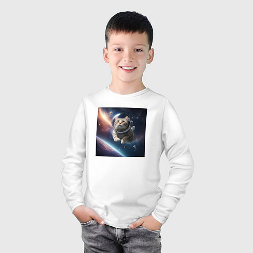 Детский лонгслив Котик космонавт в космосе / Белый – фото 3