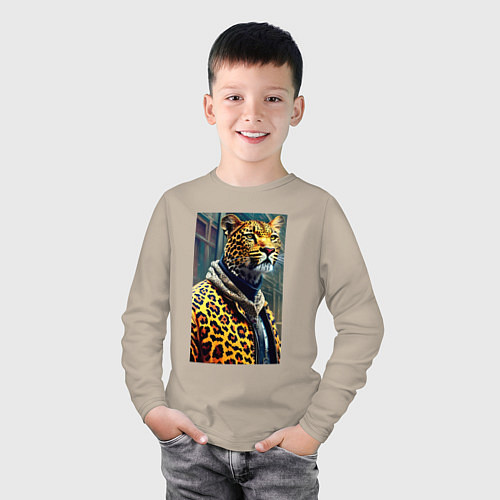 Детский лонгслив Крутой леопард житель мегаполиса / Миндальный – фото 3