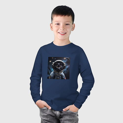Детский лонгслив Черный котик космонавт / Тёмно-синий – фото 3