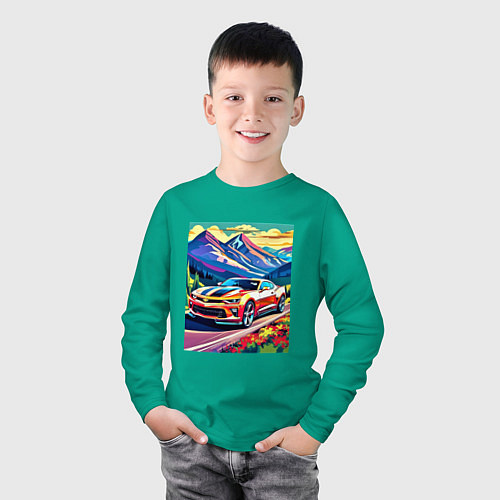 Детский лонгслив Авто на фоне гор / Зеленый – фото 3