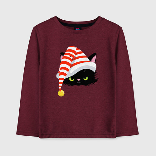 Детский лонгслив Новогодний черный кот в новогоднем колпаке / Меланж-бордовый – фото 1