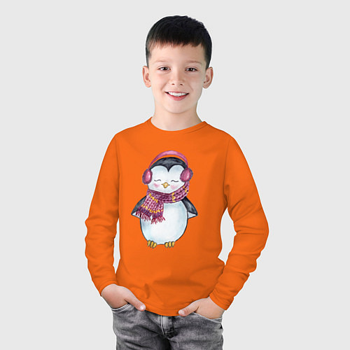 Детский лонгслив Милый пингвин в наушниках / Оранжевый – фото 3