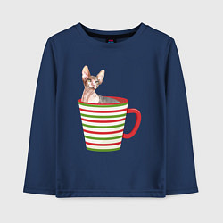 Лонгслив хлопковый детский Сфинкс в новогодней полосатой кружке, цвет: тёмно-синий