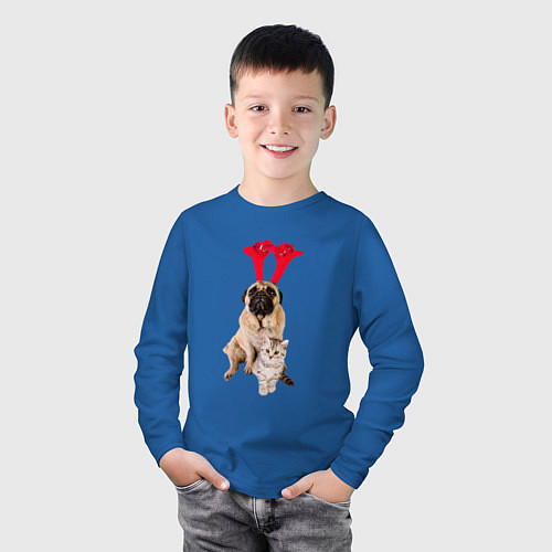 Детский лонгслив Мопс с ушками и котёнок / Синий – фото 3
