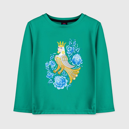 Детский лонгслив Птица Сирин в цветах по мотивам гжельской росписи / Зеленый – фото 1