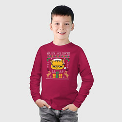 Лонгслив хлопковый детский Happy holidays phrase, цвет: маджента — фото 2