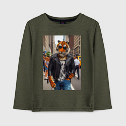 Лонгслив хлопковый детский Cool tiger on the streets of New York - ai art, цвет: меланж-хаки