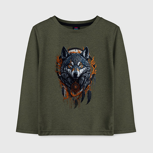 Детский лонгслив Волк и ловец снов / Меланж-хаки – фото 1