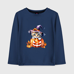 Лонгслив хлопковый детский Хэллоуин - котенок с тыквой, цвет: тёмно-синий