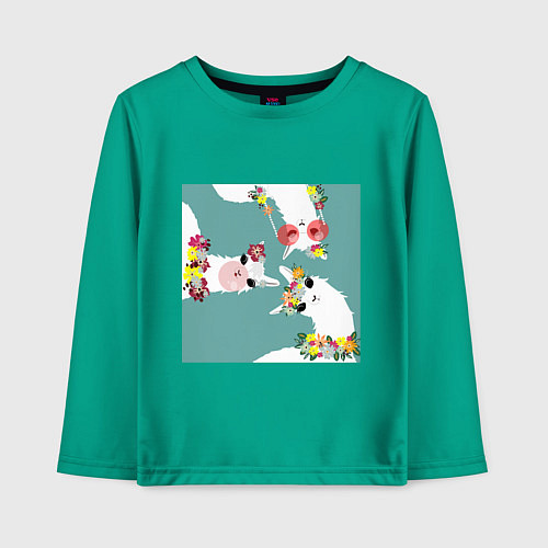 Детский лонгслив Три ламы с цветами / Зеленый – фото 1