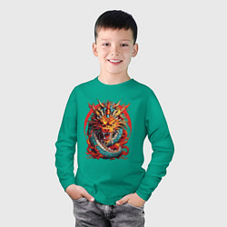 Лонгслив хлопковый детский Китайский дракон в огне, цвет: зеленый — фото 2