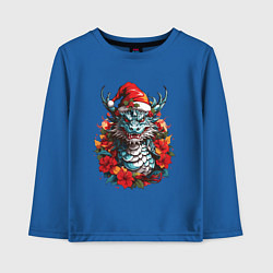 Лонгслив хлопковый детский Дракон в шапке Санта Клауса, цвет: синий