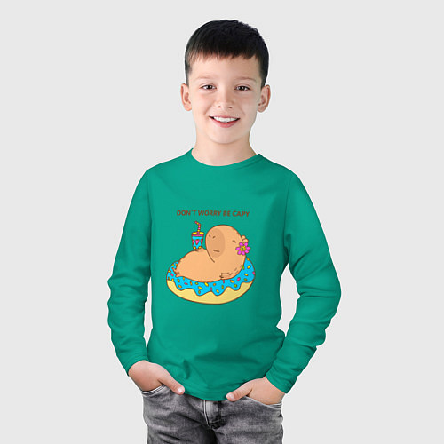 Детский лонгслив Капибара с пончиком dont worry be capy / Зеленый – фото 3