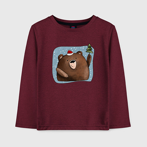 Детский лонгслив Медведь и елка / Меланж-бордовый – фото 1