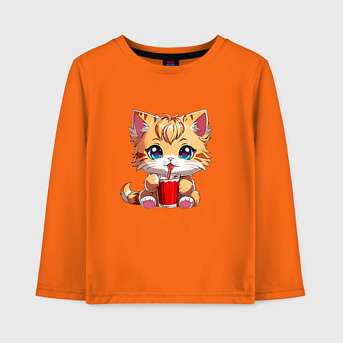 Детский лонгслив Кот с напитком / Оранжевый – фото 1