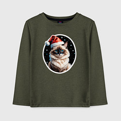 Лонгслив хлопковый детский Кот породы Рэгдолл в новогодней шапке, цвет: меланж-хаки