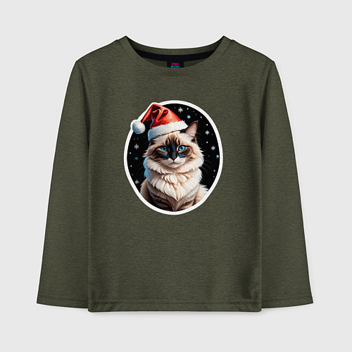 Детский лонгслив Кот породы Рэгдолл в новогодней шапке / Меланж-хаки – фото 1
