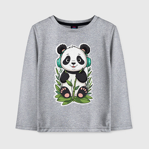 Детский лонгслив Медвежонок панды в наушниках / Меланж – фото 1