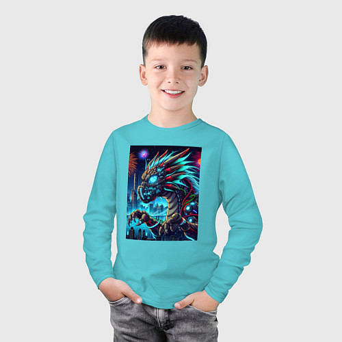 Детский лонгслив Cyber dragon - ai art neon / Бирюзовый – фото 3