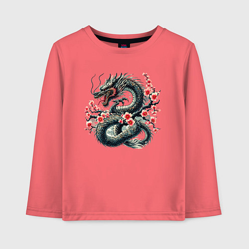 Детский лонгслив Japanese dragon and sakura - irezumi / Коралловый – фото 1