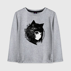Лонгслив хлопковый детский Девочка кошка - киберпанк, цвет: меланж
