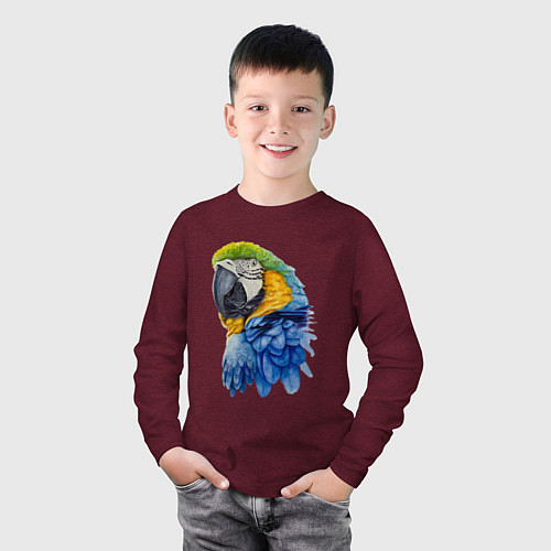 Детский лонгслив Сине-золотой попугай ара / Меланж-бордовый – фото 3