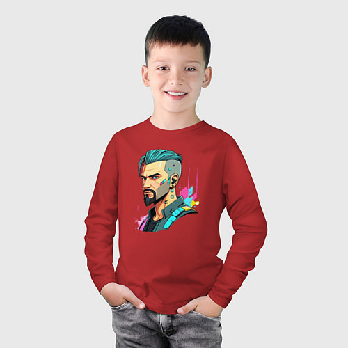 Детский лонгслив Портрет мужчины с бородой Cyberpunk 2077 / Красный – фото 3