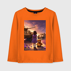 Лонгслив хлопковый детский Маленькая девочка посреди танков, цвет: оранжевый