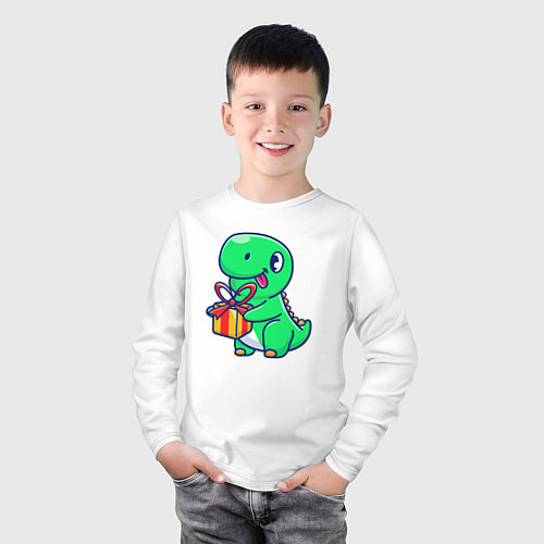 Детский лонгслив Динозавр с подарком / Белый – фото 3