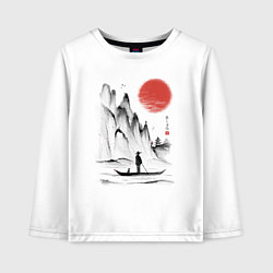 Лонгслив хлопковый детский Традиционный японский пейзаж с рыбаком и горами, цвет: белый