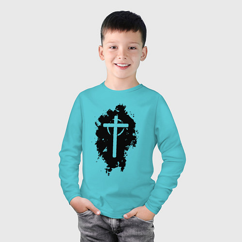 Детский лонгслив Крест католический графика / Бирюзовый – фото 3