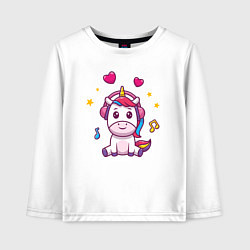 Лонгслив хлопковый детский Единорог в наушниках, цвет: белый