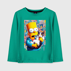 Лонгслив хлопковый детский Bart Simpson with a kitten - ai art, цвет: зеленый