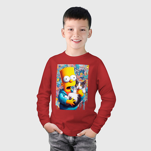 Детский лонгслив Bart Simpson with a kitten - ai art / Красный – фото 3