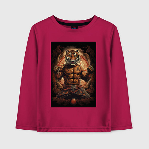 Детский лонгслив Тайский бокс тигр в стойке / Маджента – фото 1