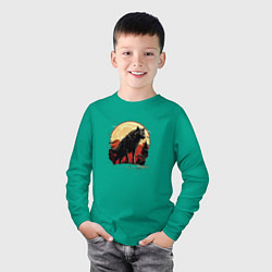 Лонгслив хлопковый детский Черный волк на горе, цвет: зеленый — фото 2