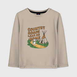 Лонгслив хлопковый детский Country roads lead me home, цвет: миндальный