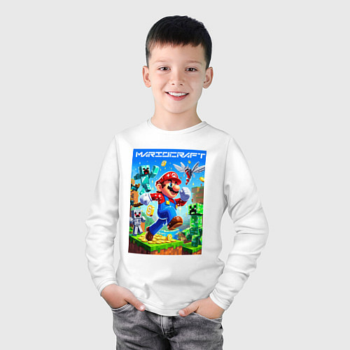 Детский лонгслив Mario in Minecraft - ai art collaboration / Белый – фото 3
