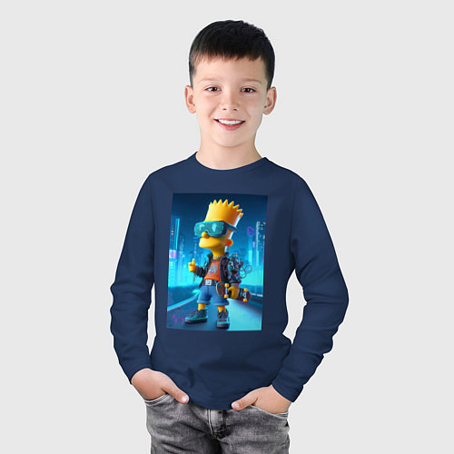 Детский лонгслив Барт Симпсон в неоновом городе со скейтбордом - не / Тёмно-синий – фото 3